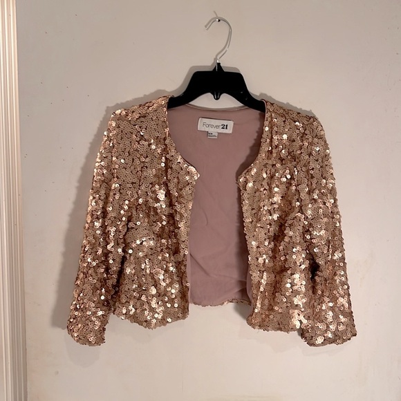 EUC FOREVER 21 Sequined Rose Gold Cropped Jacket Sparkle Bolero - Picture 1 of 16